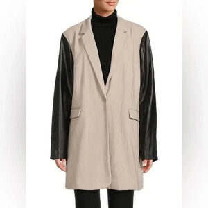 NEW- NWT! DKNY Mixed Media Faux Leather Sleeve Longline Jacket